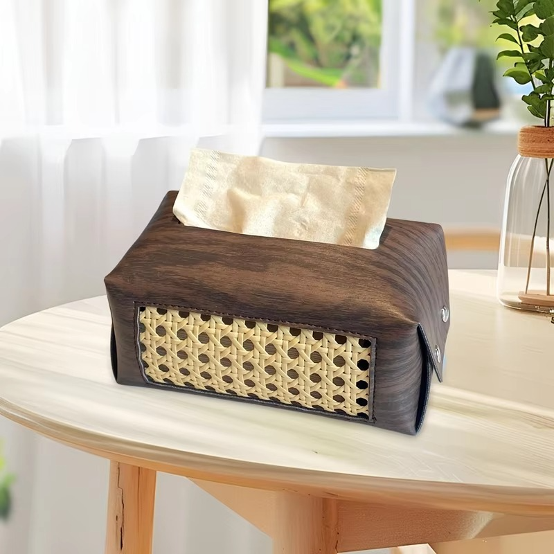 Classic Wooden Tissue Box with Carved Leather Detail