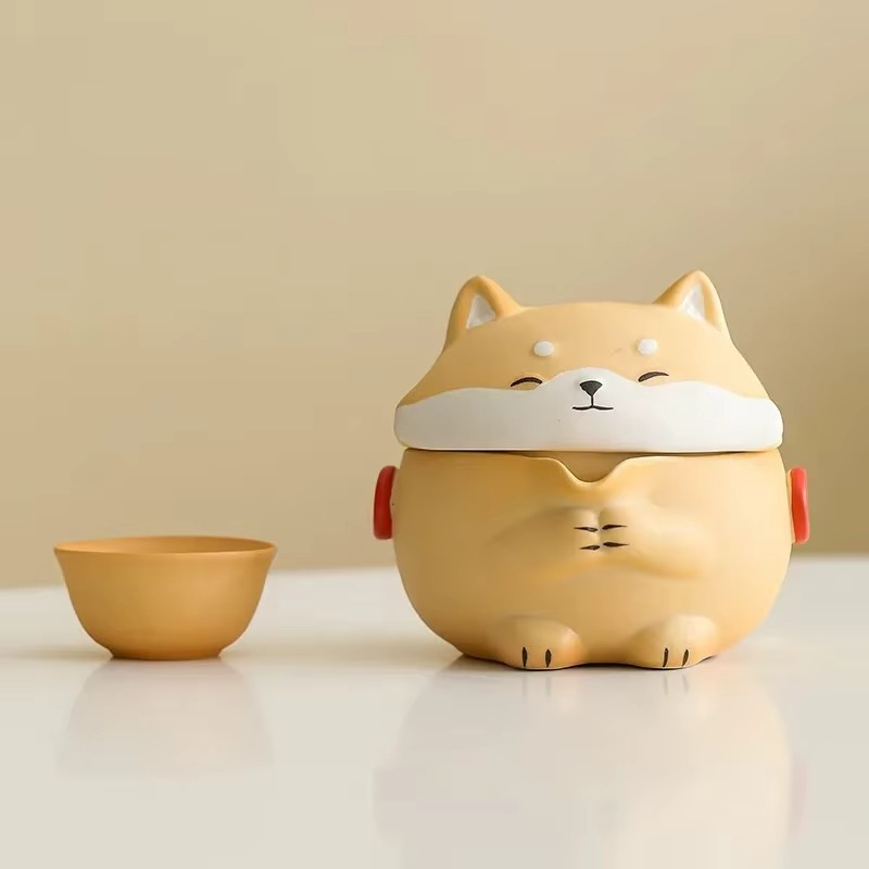 Compact Dog Theme Ceramic Tea Set for Travel