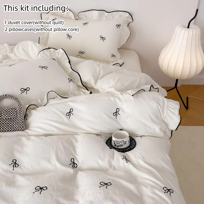 Beautiful Ruffled 3PC Bedding Set with Bow Embroidery