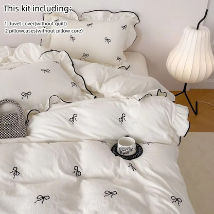 Beautiful Ruffled 3PC Bedding Set with Bow Embroidery