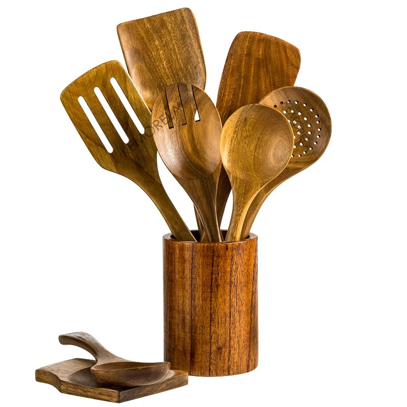 Natural Wood Kitchen Utensil Set with Storage - Hehif