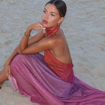 Shiny Sequined Ombre Halter Maxi Dress