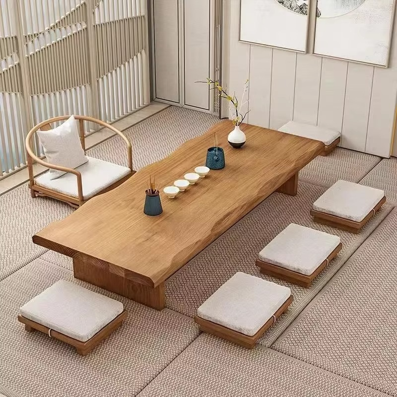 Traditional Wooden Japanese Tea Table Set with Chairs