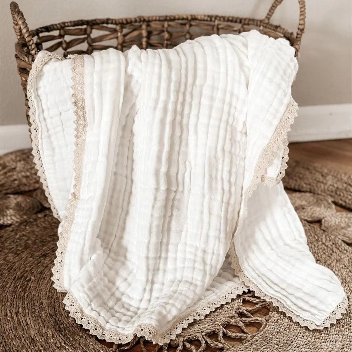 Soft Cotton Baby Swaddle Blanket with Delicate Lace Trim - Hehif