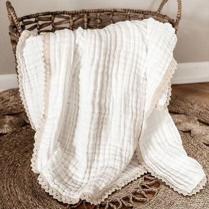 Soft Cotton Baby Swaddle Blanket with Delicate Lace Trim - Hehif