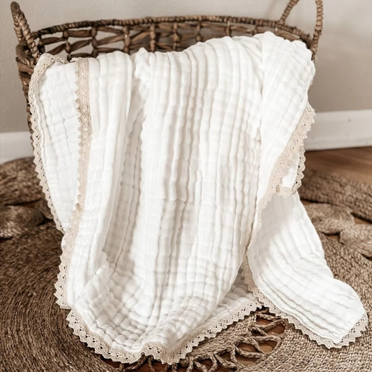 Soft Cotton Baby Swaddle Blanket with Delicate Lace Trim - Hehif