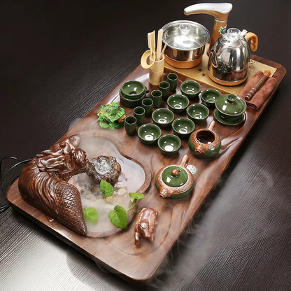 Traditional Bamboo Tea Serving Set with Ceramic Cups