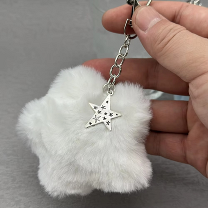 Soft Teddy Star Keychain with Fuzzy Pom Pom Ball - Hehif