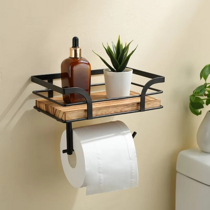 Bathroom Wooden Toilet Paper Roll Holder with Shelf