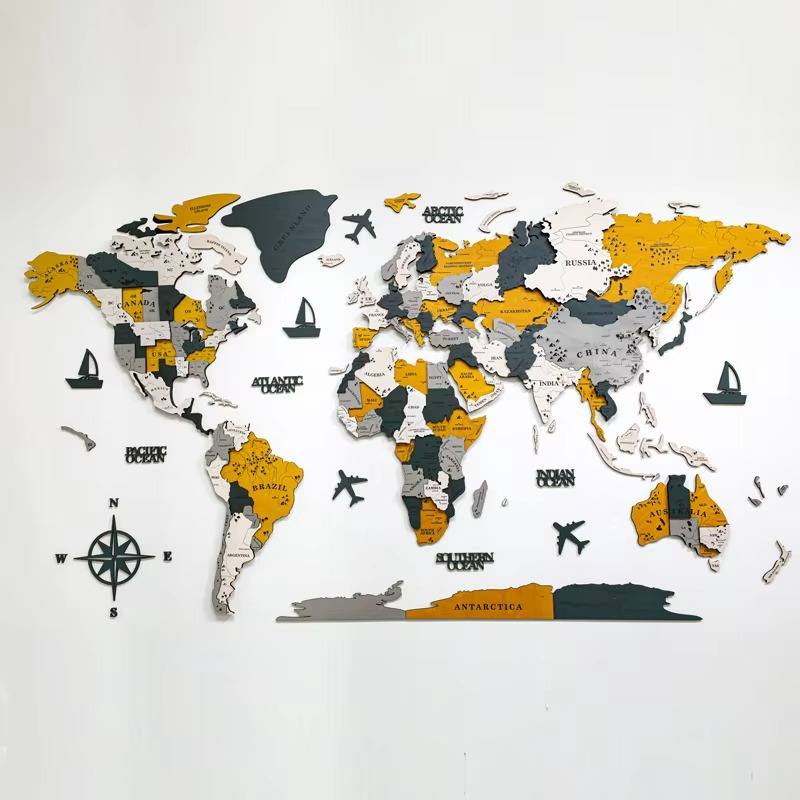 Large Wooden Globe Map Wall Decoration - Modern Home Accent