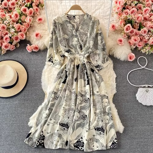 Elegant Flower V Neck Chiffon Midi Dress