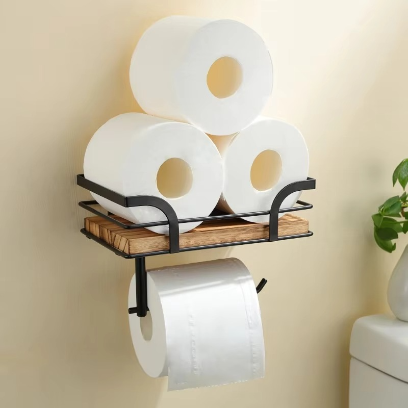 Bathroom Wooden Toilet Paper Roll Holder with Shelf