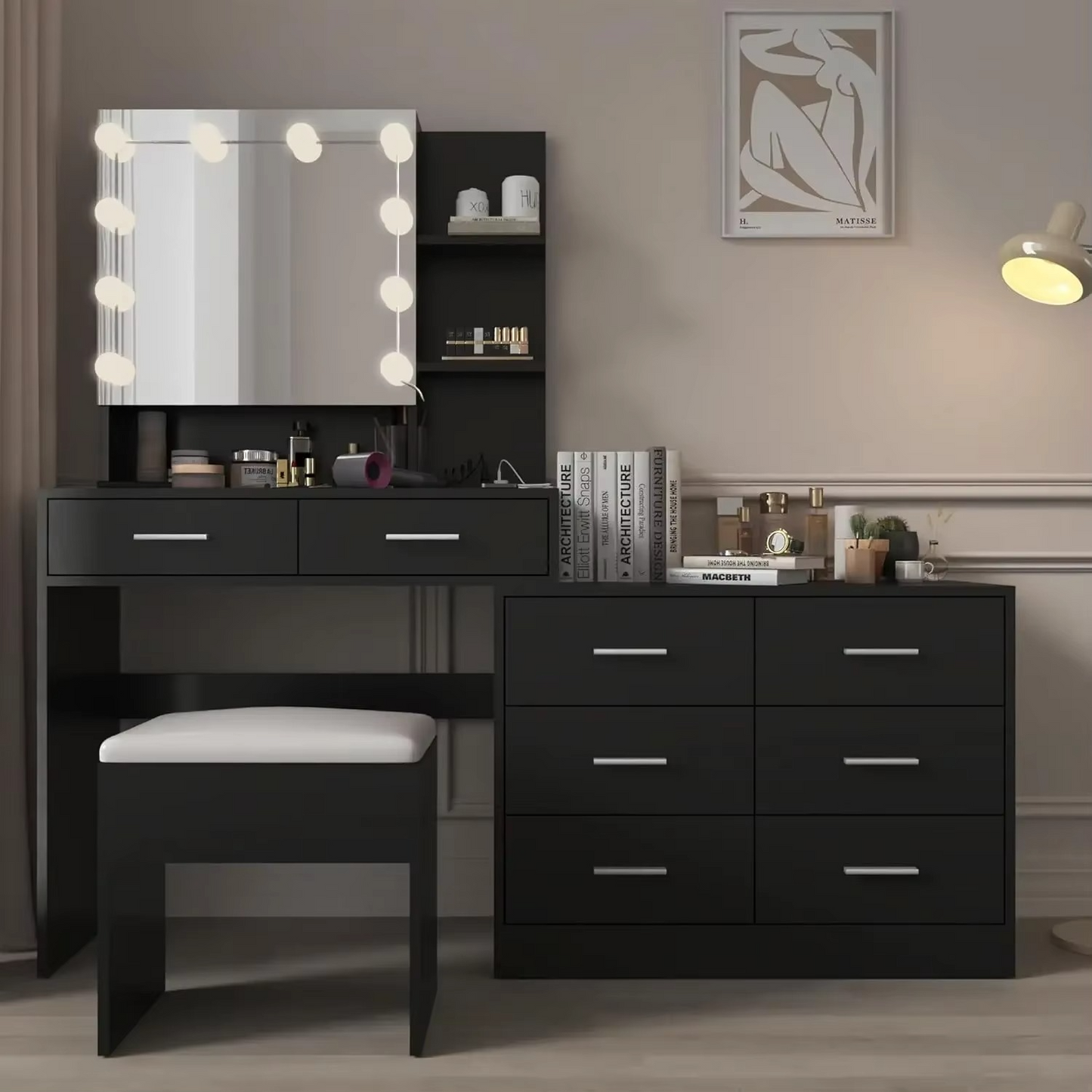 Modern LED Lighted Vanity Table Set with Mirror