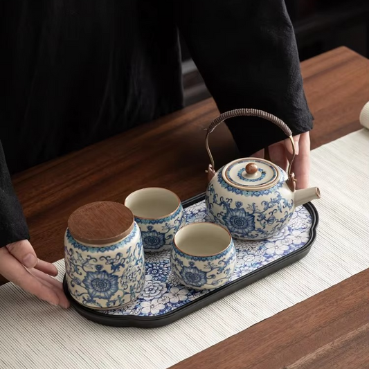 Traditional Chinese Tea Set for Two with Wooden Tray - Hehif