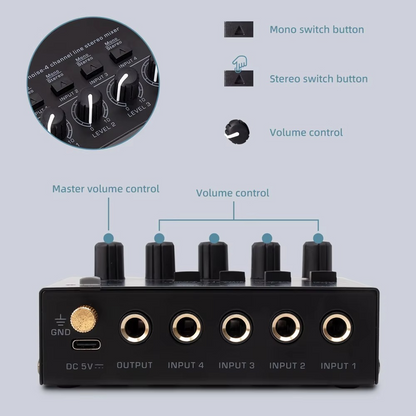 Portable 4-Channel Audio Mixer with Stereo RCA Output