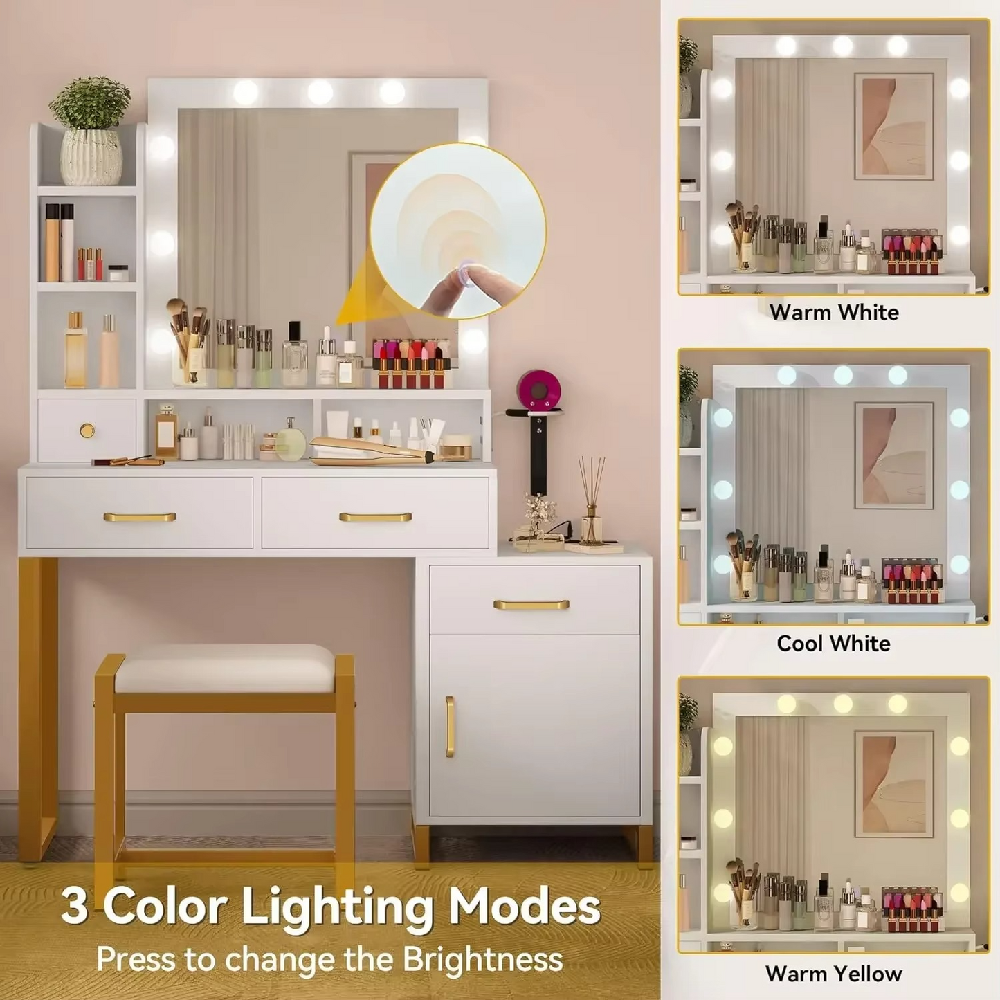 Luxury Makeup Desk with LED Lights and Storage