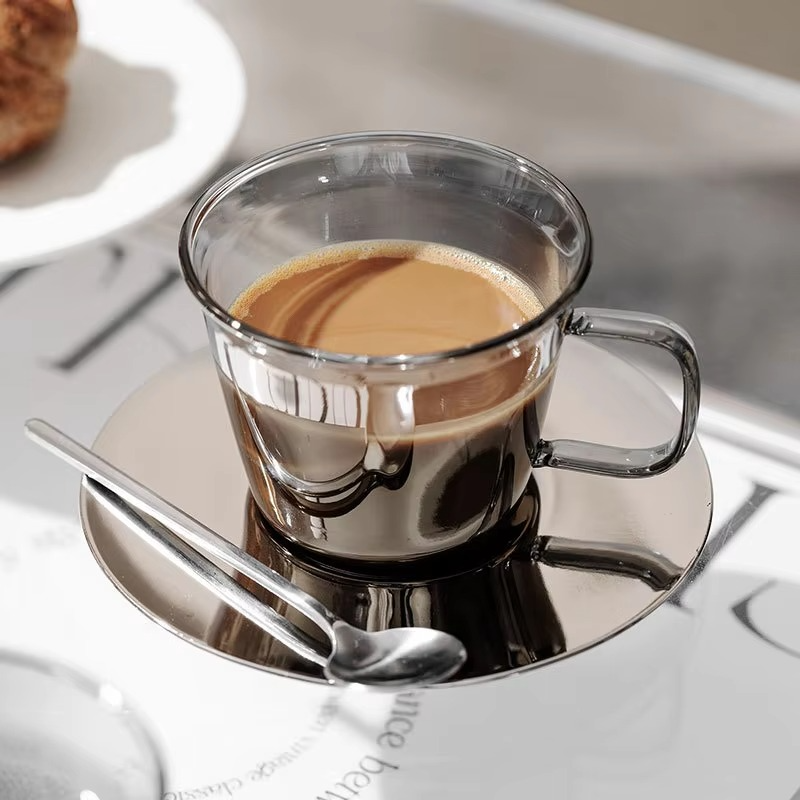 Classic Gray Glass Coffee Mug and Saucer Set