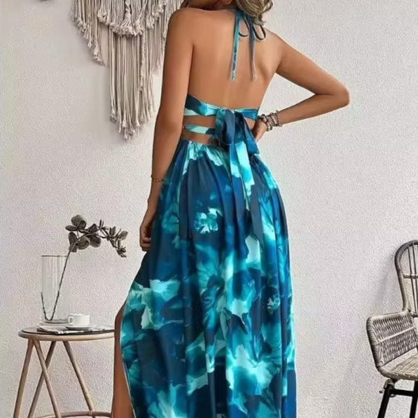 Beautiful Flower Backless Maxi Dress with Side Split