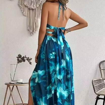 Beautiful Flower Backless Maxi Dress with Side Split