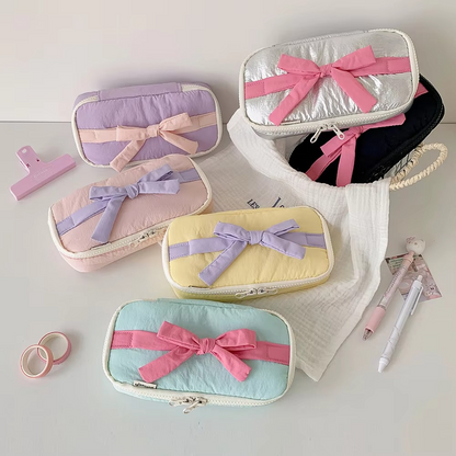 Simple Korean Cotton Pencil Bag with Ribbon Detail