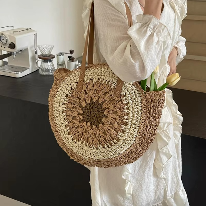 Big Spacious Natural Fiber Circle Handbag for Ladies - Hehif