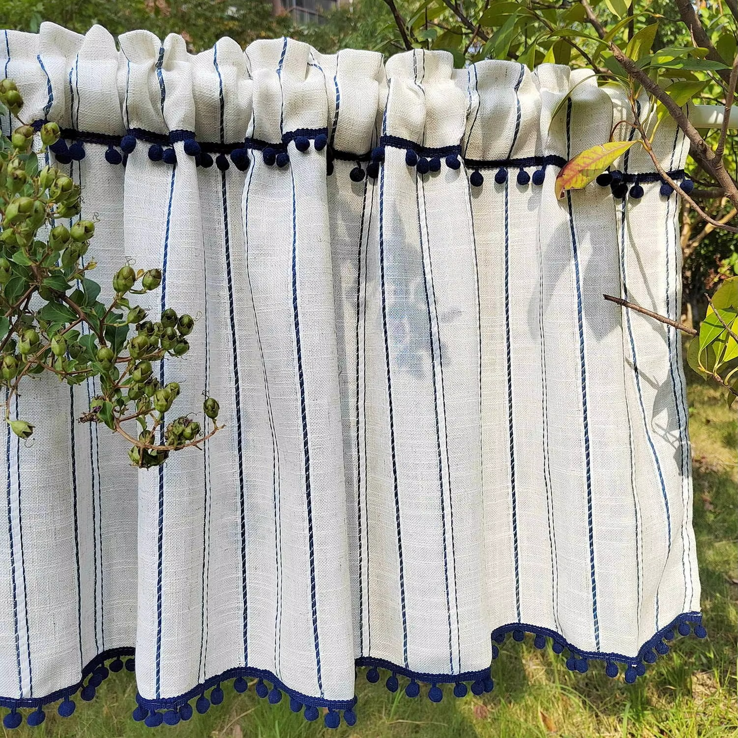 White Decorative Cafe Style Short Curtain with Blue Trim - Hehif