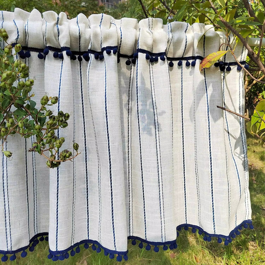 White Decorative Cafe Style Short Curtain with Blue Trim - Hehif