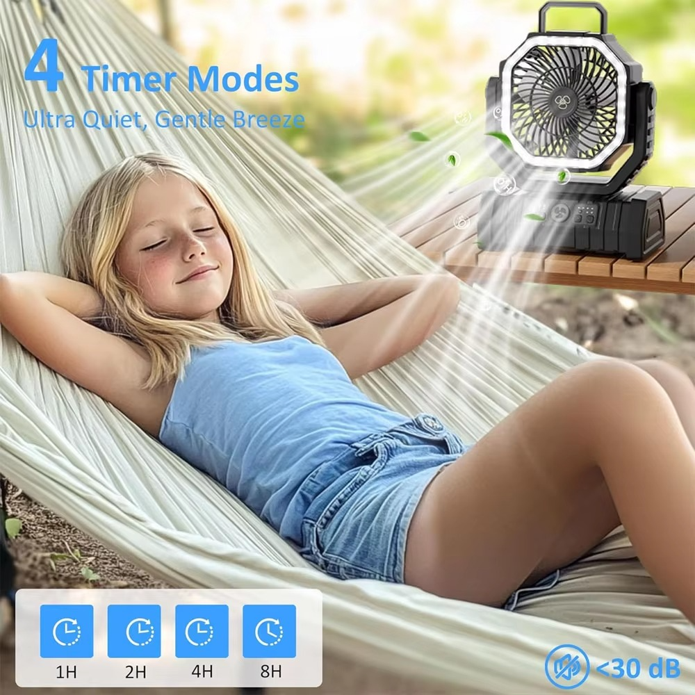 Portable Outdoor Fan with LED Light and Long Battery Life