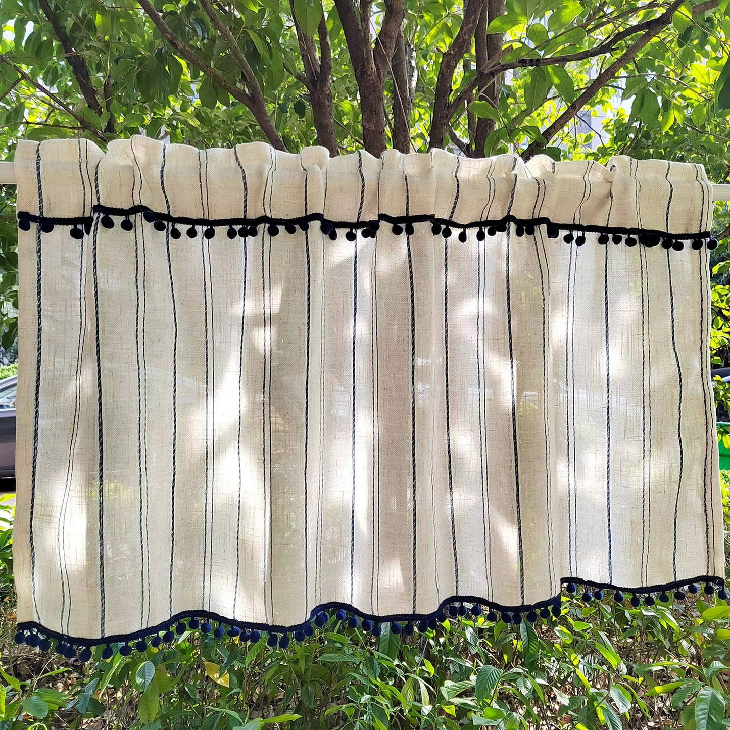 White Decorative Cafe Style Short Curtain with Blue Trim