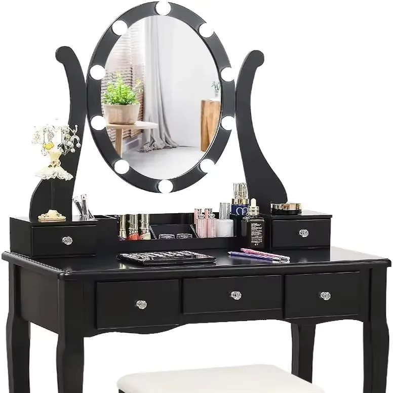 Illuminated Cosmetic Desk with LED Lighted Mirror and Storage