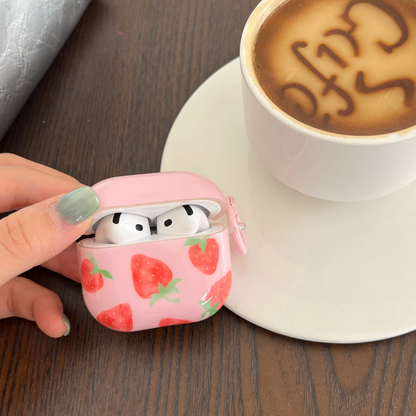 Colorful Strawberry Earbud Case with Soft Pink Cover