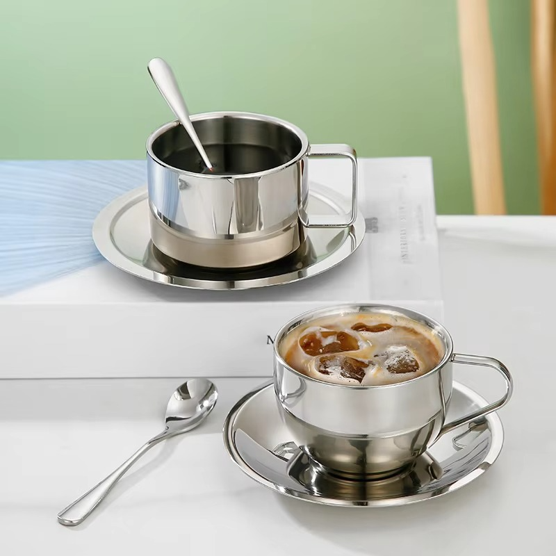 Insulated Metal Coffee Mug Set with Saucer and Utensil