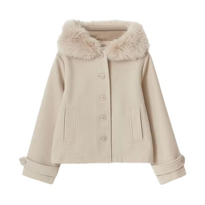 Warm Wool Hooded Ladies Coat with Removable Fur Trim