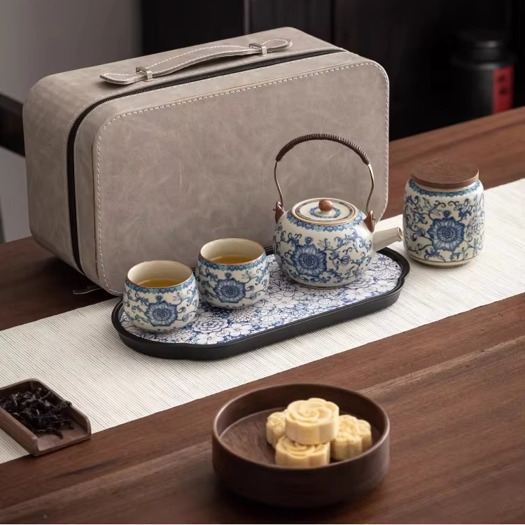 Traditional Chinese Tea Set for Two with Wooden Tray
