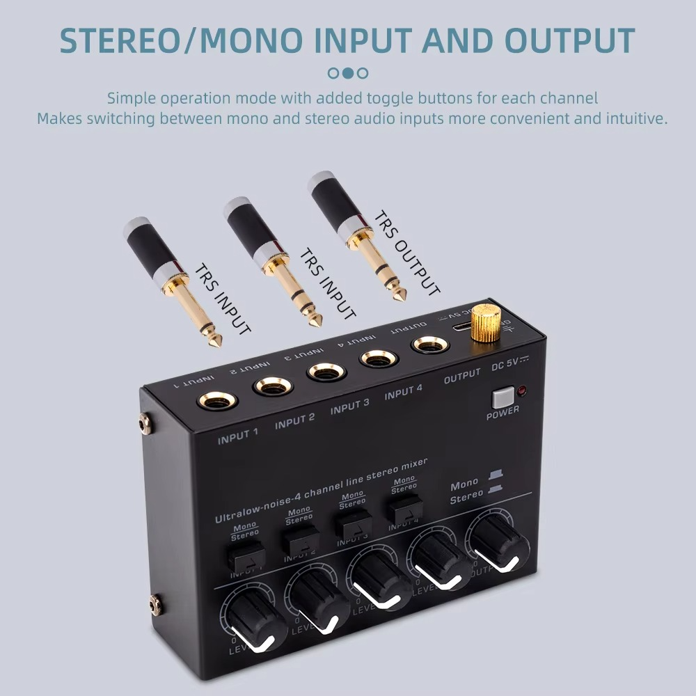 Portable 4-Channel Audio Mixer with Stereo RCA Output