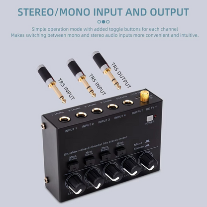 Portable 4-Channel Audio Mixer with Stereo RCA Output