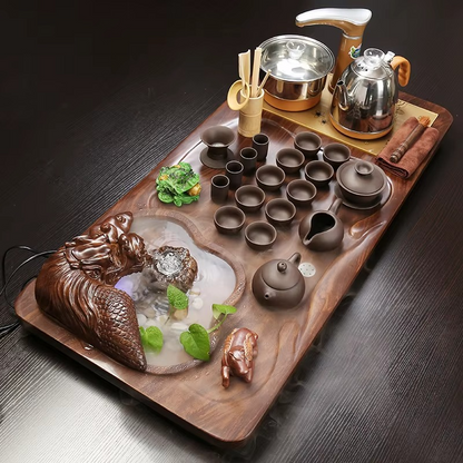 Traditional Bamboo Tea Serving Set with Ceramic Cups