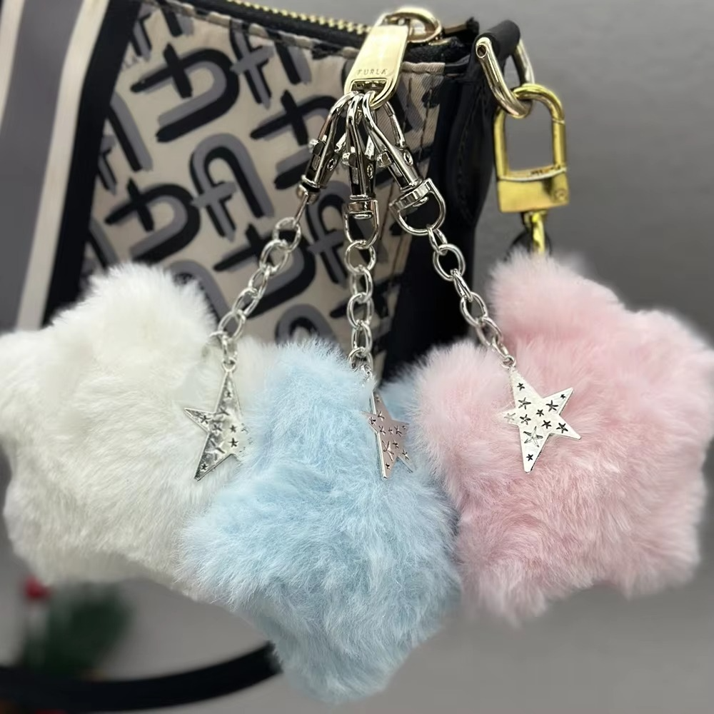 Soft Teddy Star Keychain with Fuzzy Pom Pom Ball