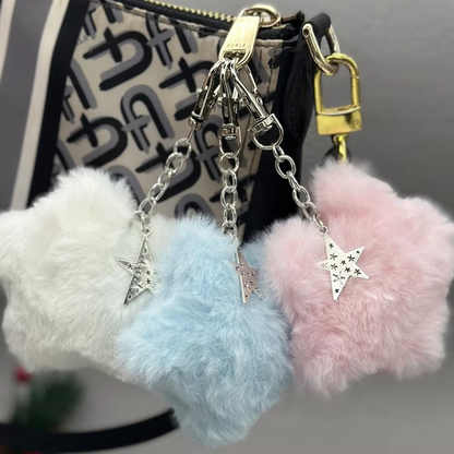 Soft Teddy Star Keychain with Fuzzy Pom Pom Ball