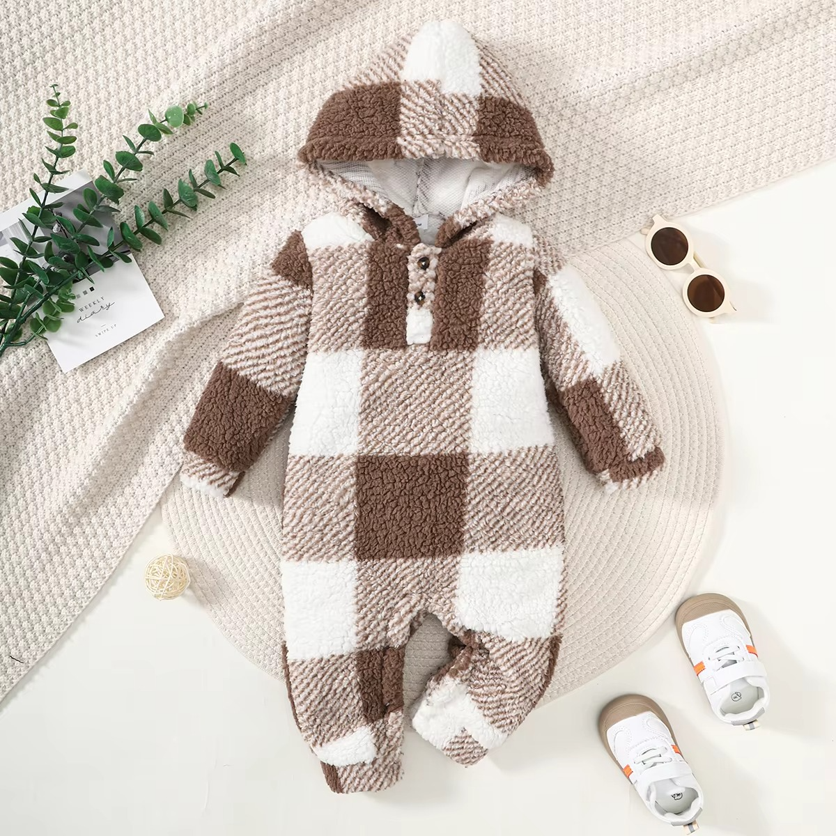 Soft Flannel Hooded Baby Romper for Boys and Girls