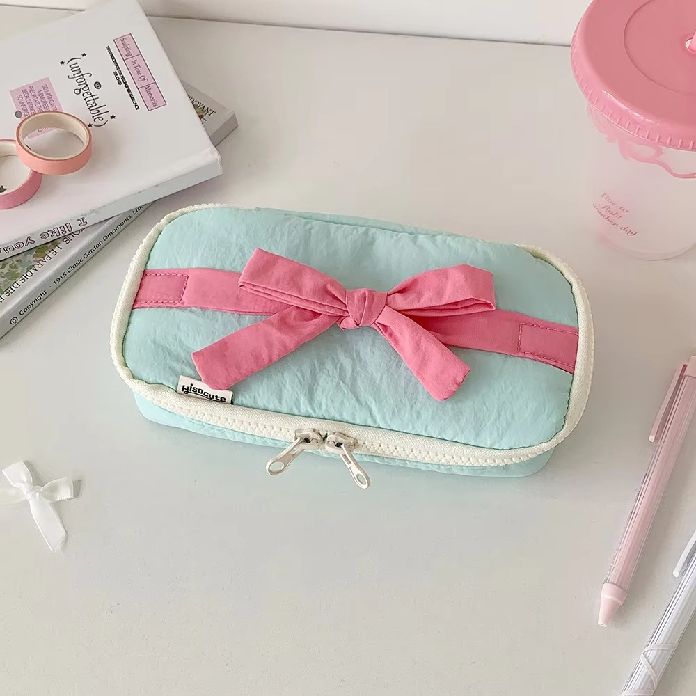 Simple Korean Cotton Pencil Bag with Ribbon Detail
