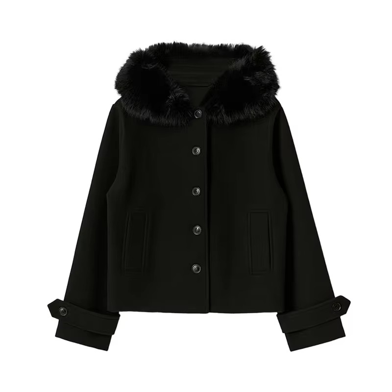 Warm Wool Hooded Ladies Coat with Removable Fur Trim