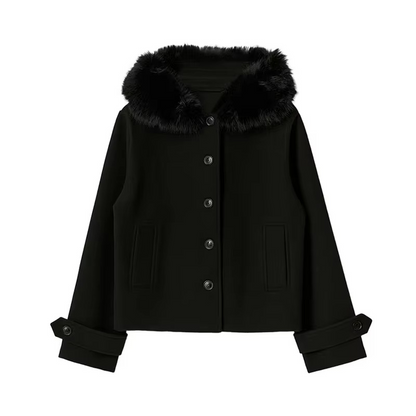 Warm Wool Hooded Ladies Coat with Removable Fur Trim