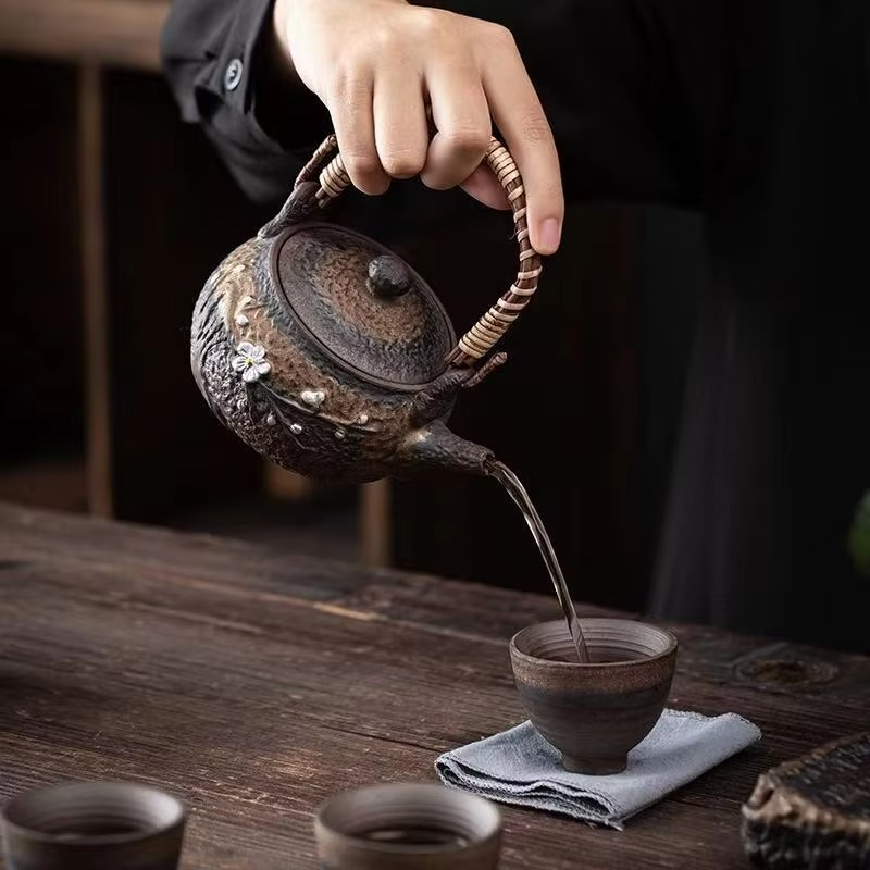 Traditional Asian Ceramic Tea Pot with Wooden Handle