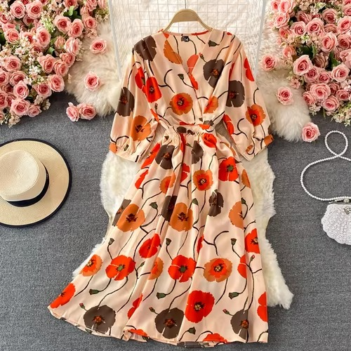 Elegant Flower V Neck Chiffon Midi Dress