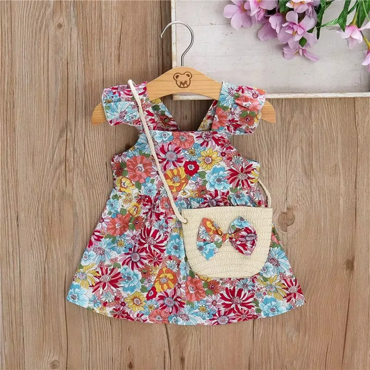 Cute Girl's Floral Ruffle Sundress with Free Purse - Hehif