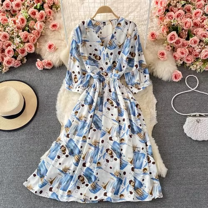 Elegant Flower V Neck Chiffon Midi Dress