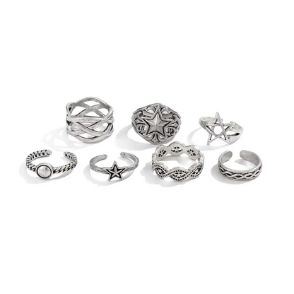 Edgy 7 Piece Mens Rockstar Ring Set - Hehif