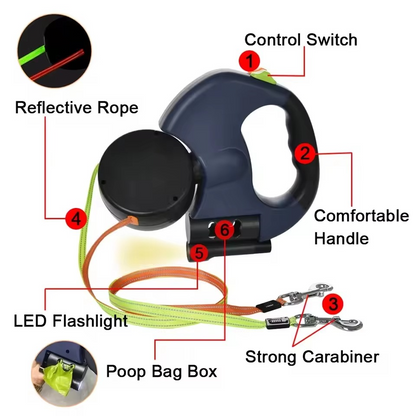 Hands-Free Dog Leash with LED Light and Poop Bag Holder