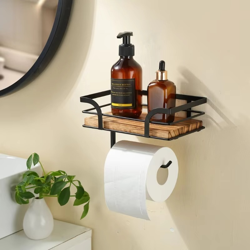 Bathroom Wooden Toilet Paper Roll Holder with Shelf